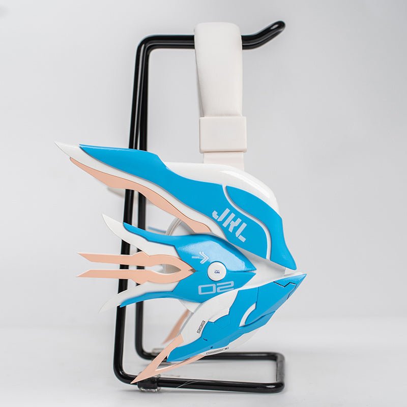 Butterfly Tech Mecha Wireless Bluetooth Headset in cyberpunk style with blue and peach winged ear covers, displayed on a wig mannequin stand.