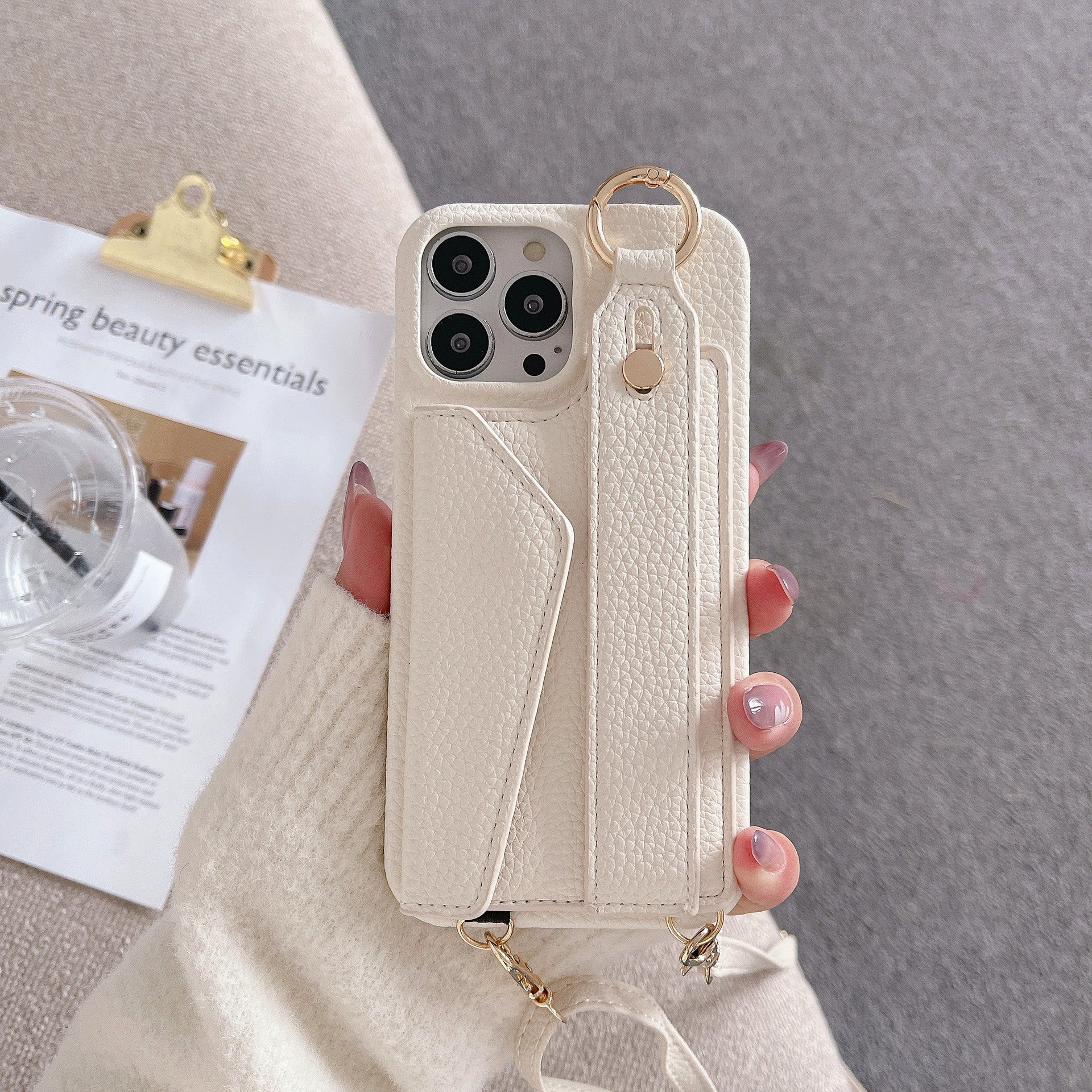Fashion Simple Back Strap Phone Case Protector for iPhone in camel and light purple leather with crossbody strap and card slot design.