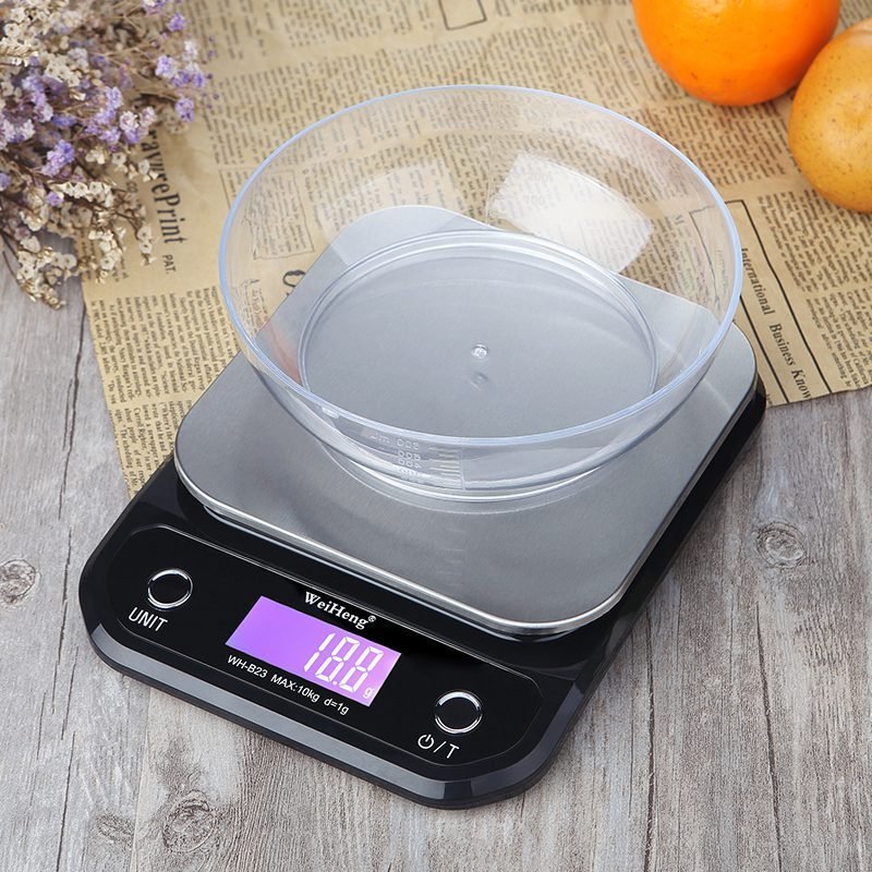 Kitchen precision electronic scale WH-B23 with 10KG capacity and digital LCD display, ideal for accurate food measurements in home kitchens.