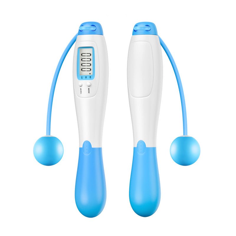 Woman using Cordless Jump Ropes Smart Electronic Digital wireless Skip Rope for indoor fitness. Ideal for calorie tracking and body building workouts.