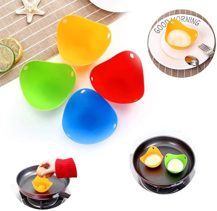 Green Silicone Egg Cooker 4 Color Silicone Egg Cooker set with eggs cooking in colorful silicone cups in a frying pan. Heat-resistant, non-stick kitchen tool.