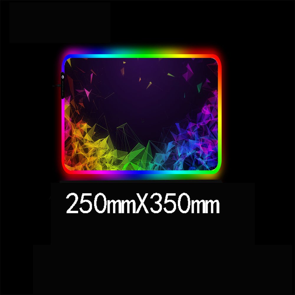 Luminous Mouse RGB Mouse LED Gaming Large Office Desk Pad with vibrant multicolor LED edge lighting and geometric pattern, ideal for gamers and office setups.