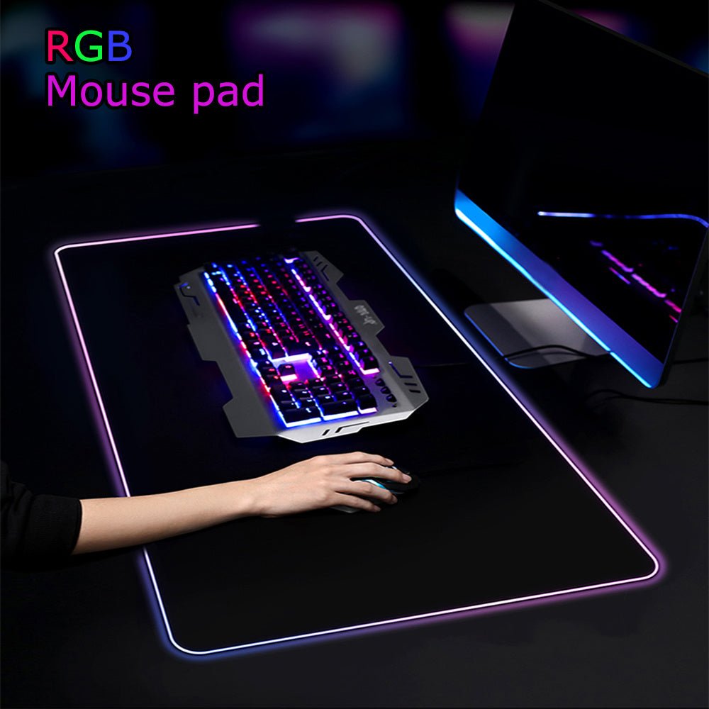 Luminous Mouse RGB Mouse LED Gaming Large Office Desk Pad with vibrant multicolor LED edge lighting and geometric pattern, ideal for gamers and office setups.