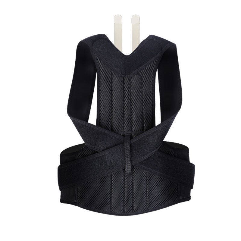 Spine Bending Posture Corrector with nano-carbon titanium keel and dual cartilage support shown on model's back. Features breathable fabric and ergonomic design.