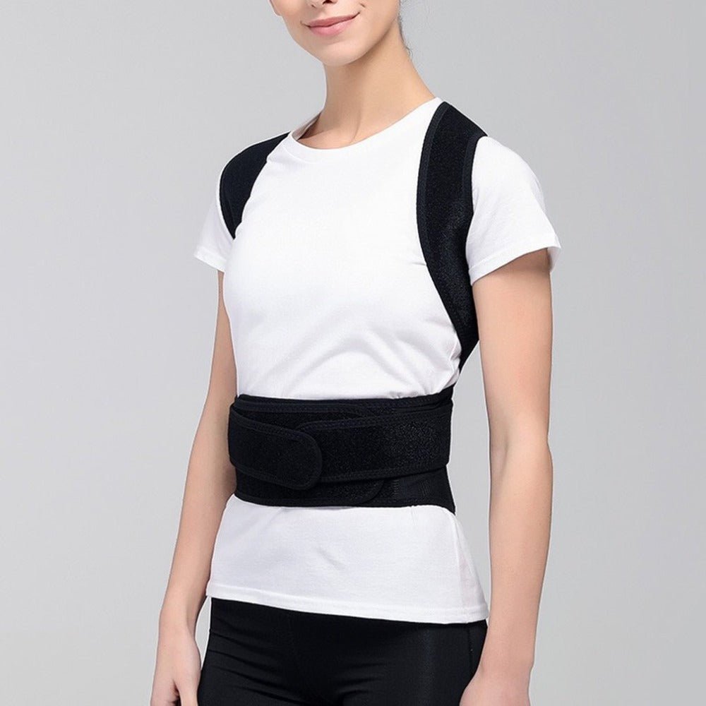 Spine Bending Posture Corrector with nano-carbon titanium keel and dual cartilage support shown on model's back. Features breathable fabric and ergonomic design.