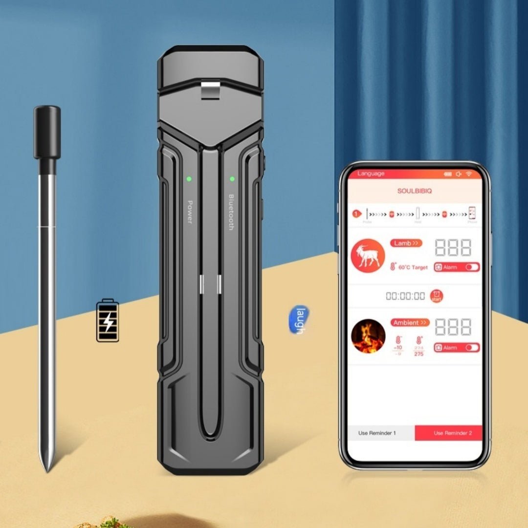 Wireless kitchen oven thermometer with probe and smartphone app display for precise cooking temperature monitoring.