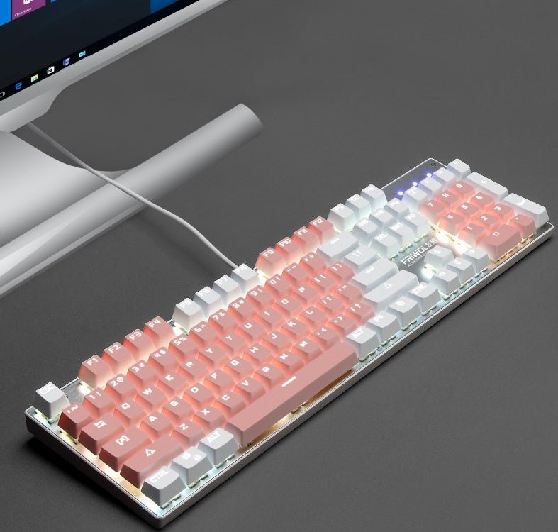 Mechanical waterproof gaming keyboard with RGB backlight connected to a laptop, ideal for desktop gaming setups. Features 104 keys and USB interface.