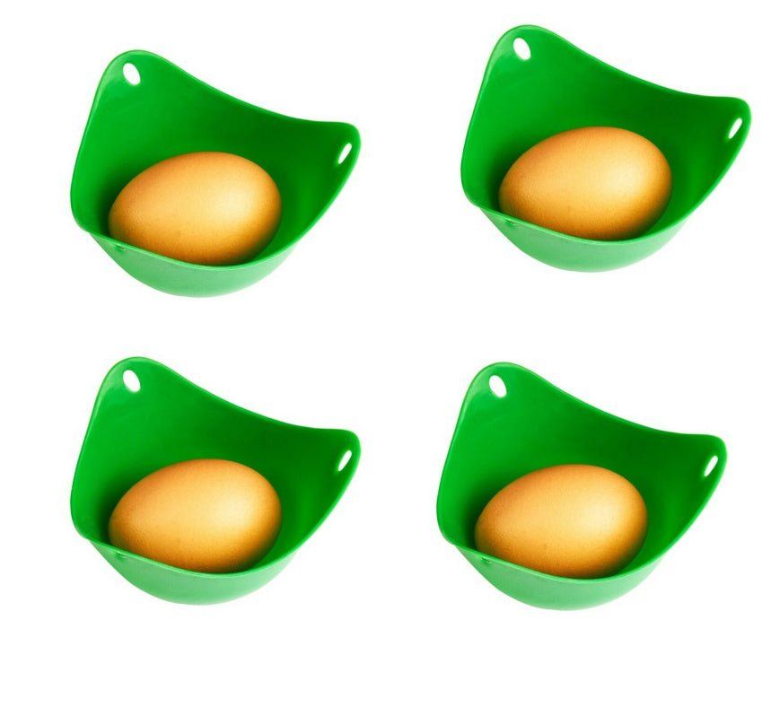 Green Silicone Egg Cooker 4 Color Silicone Egg Cooker set with eggs cooking in colorful silicone cups in a frying pan. Heat-resistant, non-stick kitchen tool.
