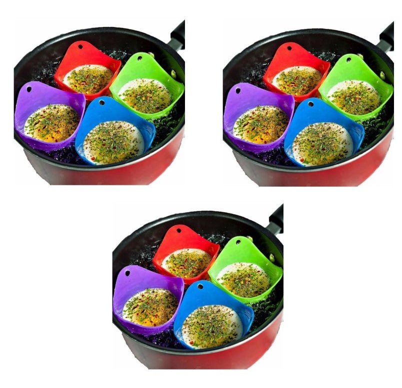 Green Silicone Egg Cooker 4 Color Silicone Egg Cooker set with eggs cooking in colorful silicone cups in a frying pan. Heat-resistant, non-stick kitchen tool.