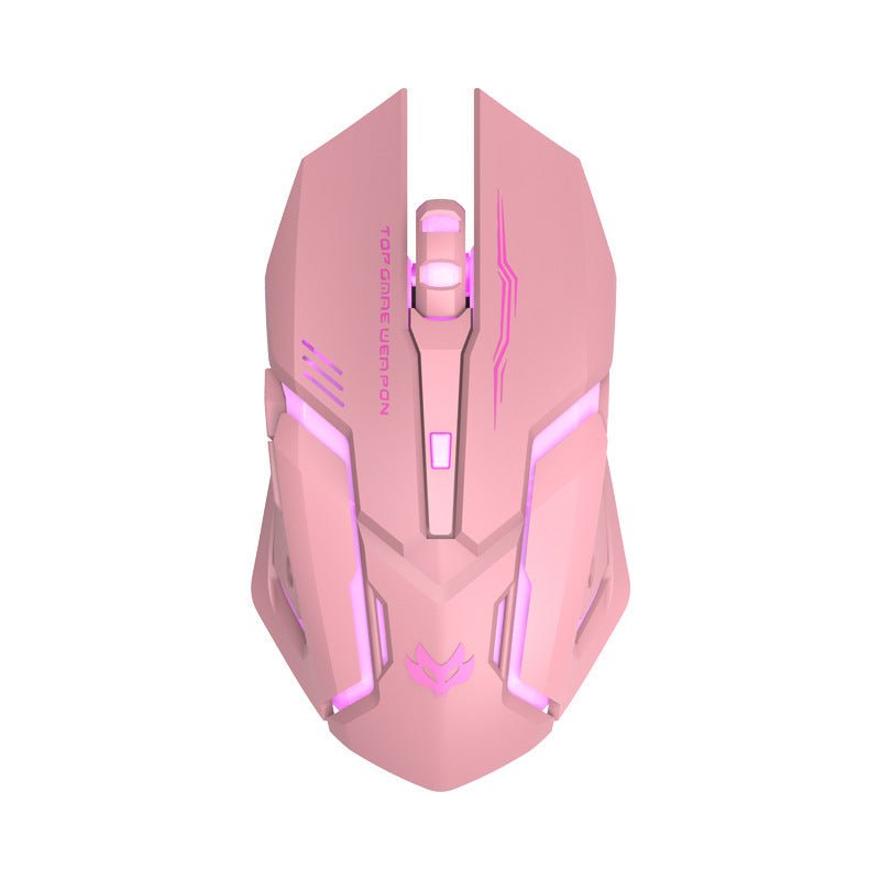 Wireless Charging Silent Gaming Mouse Machinery Mouse with blue LED lights, ergonomic design, and USB receiver on a laptop keyboard.