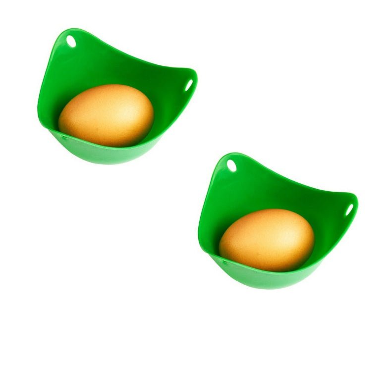 Green Silicone Egg Cooker 4 Color Silicone Egg Cooker set with eggs cooking in colorful silicone cups in a frying pan. Heat-resistant, non-stick kitchen tool.