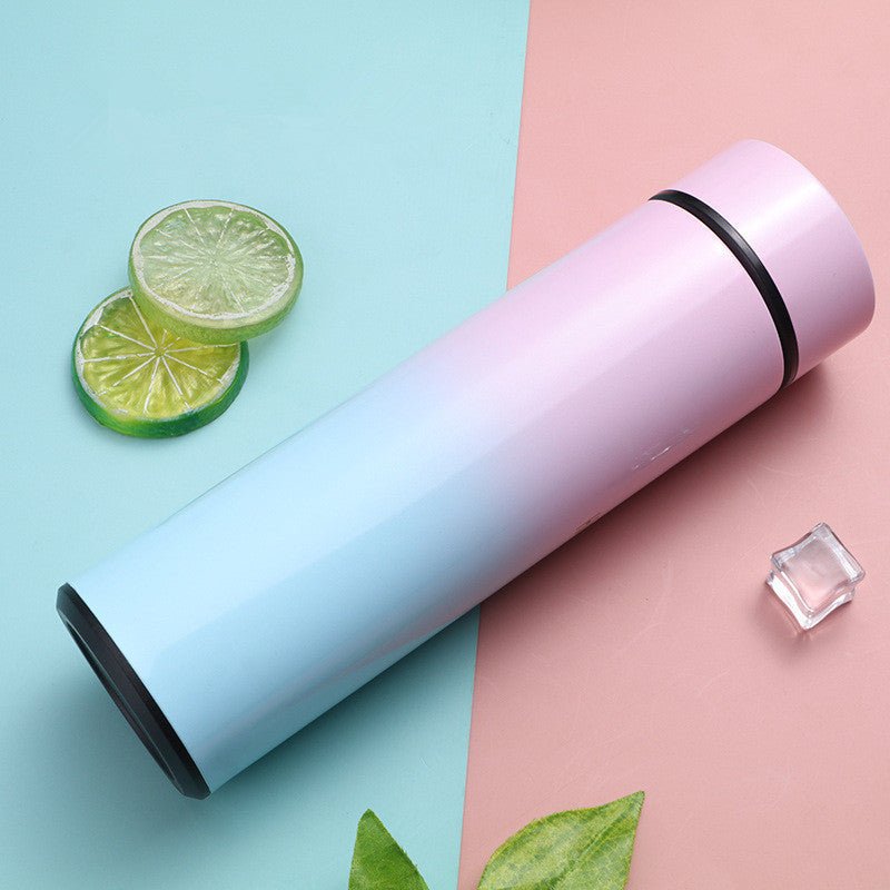 Intelligent stainless steel bottle cup temperature display vacuum flasks in pastel gradient colors, ideal for travel and hot or cold beverages.