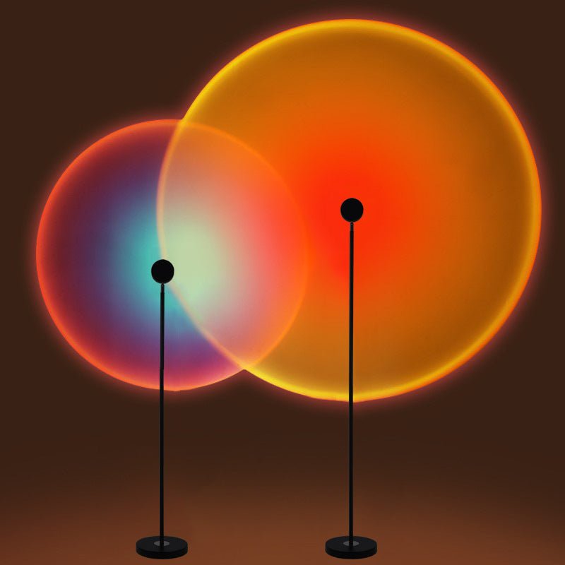 LED live broadcast background sunset atmosphere lights with red, blue, and purple hues on adjustable aluminum floor lamps