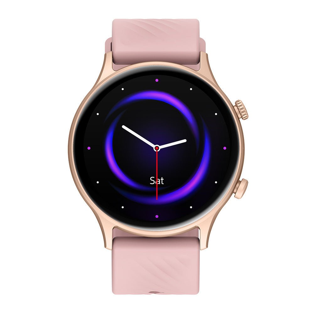 Bluetooth Fitness Mode Heart Rate Monitoring Smartwatch in pink, blue, and black with round touch screens and colorful fitness displays.
