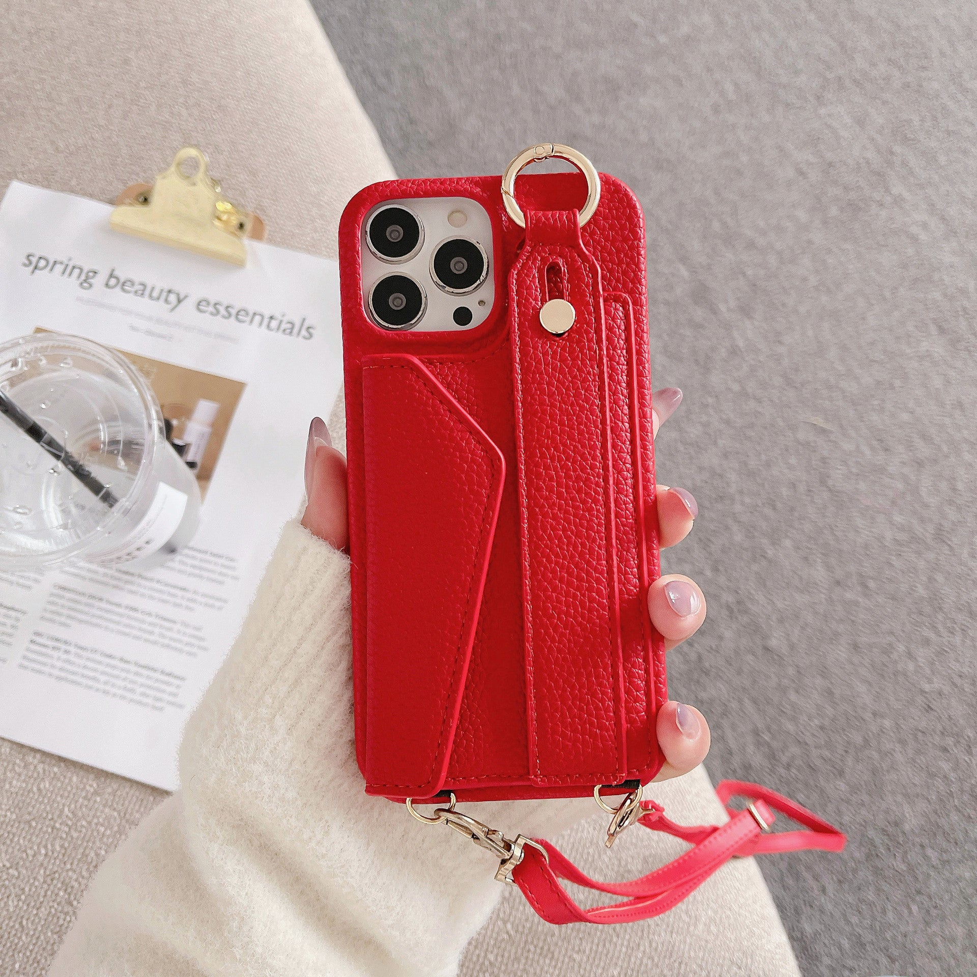 Fashion Simple Back Strap Phone Case Protector for iPhone in camel and light purple leather with crossbody strap and card slot design.