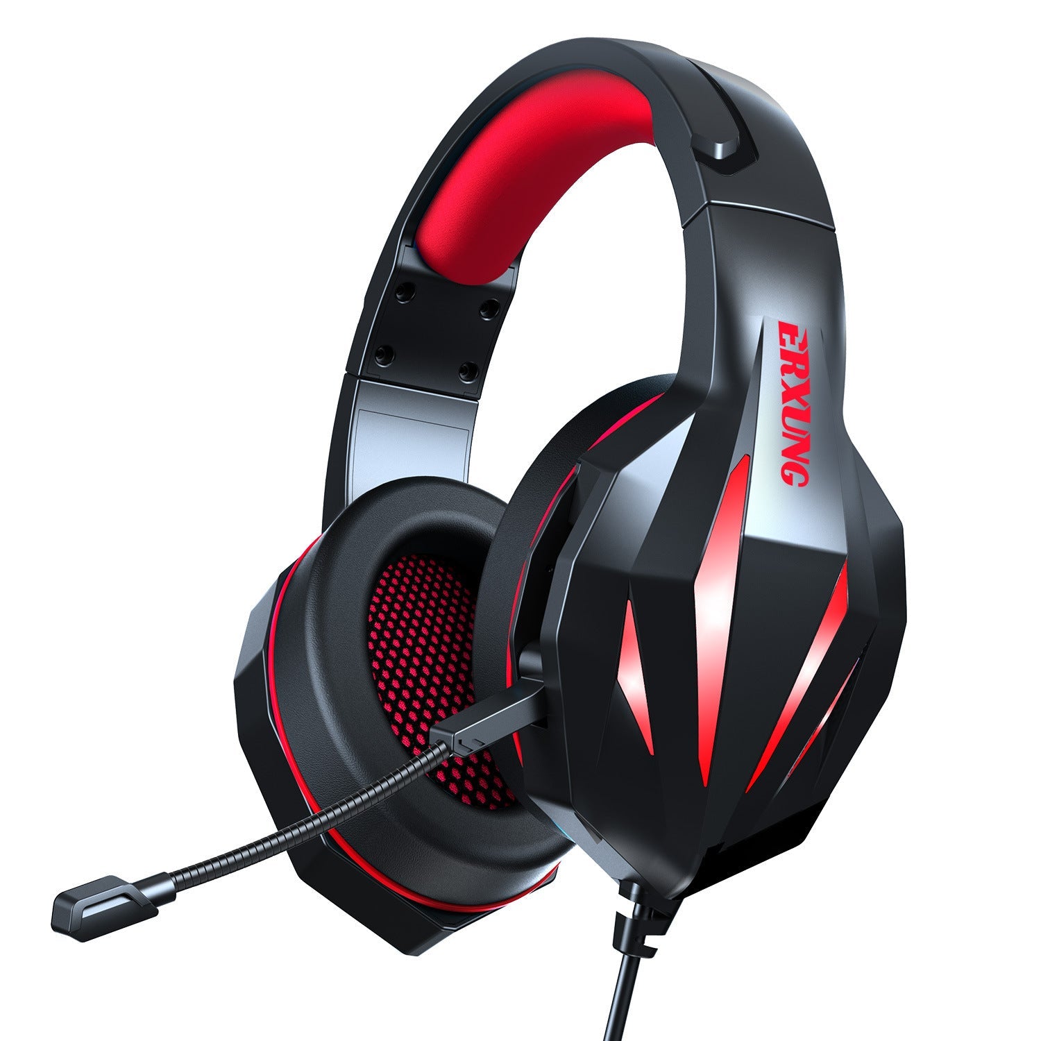 Gaming headset with wired connection, luminous design, adjustable microphone, and red-black padded earcups