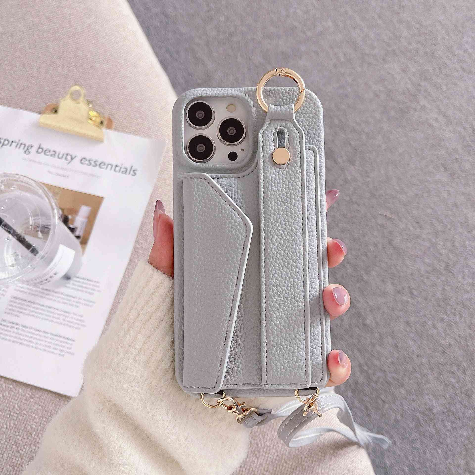 Fashion Simple Back Strap Phone Case Protector for iPhone in camel and light purple leather with crossbody strap and card slot design.