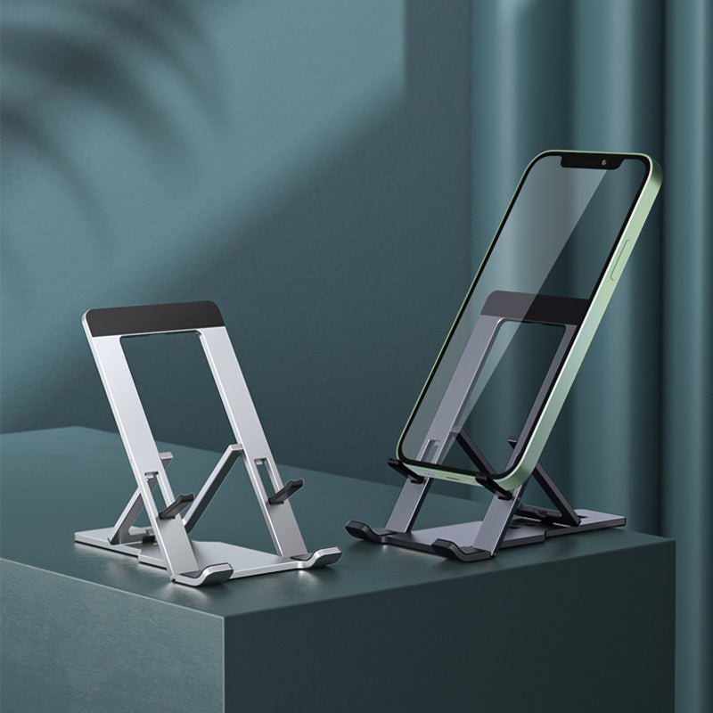 Adjustable universal desk tablet and mobile phone stand made of aluminum alloy in silver and black colors