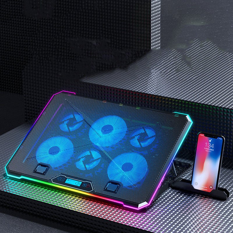 RGB backlit laptop cooling pad with six fans and metal mesh surface, black color, with phone stand and USB connectivity