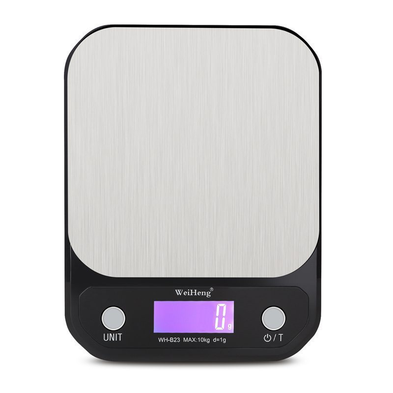 Kitchen precision electronic scale with stainless steel surface and digital display, model B23 with 10kg capacity.