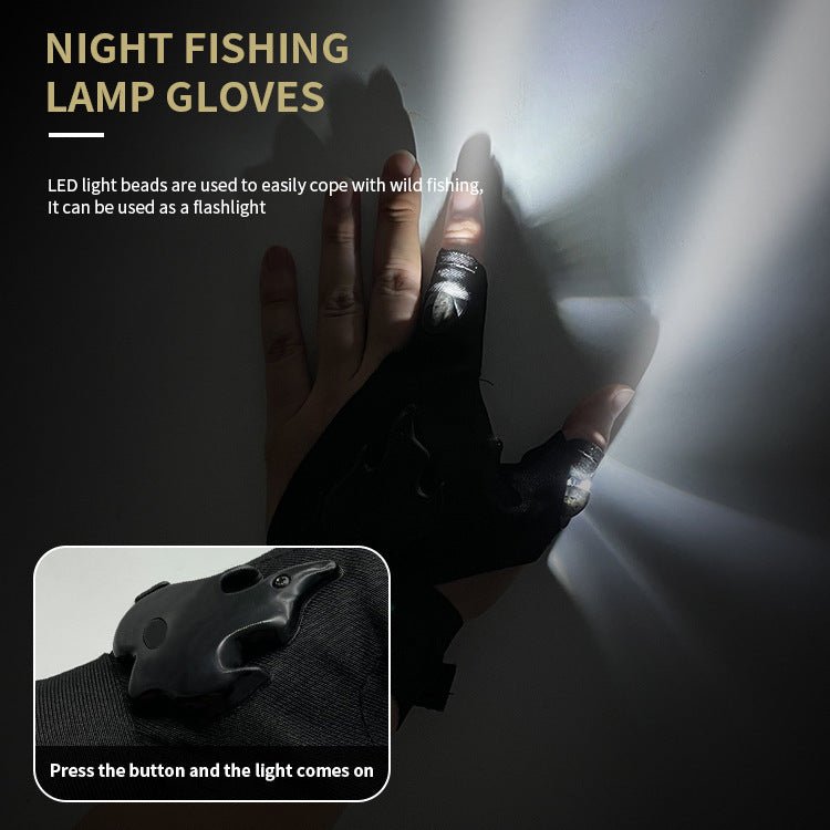 Led Light Charging Fishing Gloves High Elastic Non-slip with built-in LED lights on thumb and forefinger, ideal for night fishing and outdoor use. Made from breathable stretch fabric for comfort and waterproof performance.