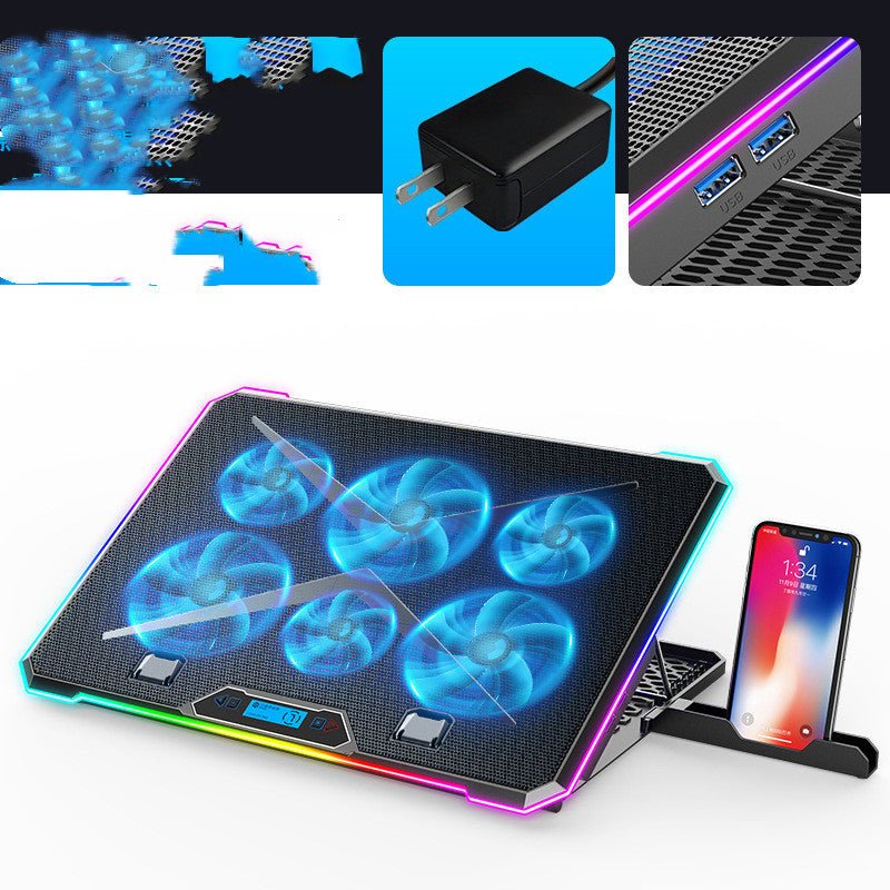 Laptop Cooling Pad Laptop Stand Fan with 6 blue LED fans, RGB lighting, and digital display, made of metal mesh and plastic in Obsidian Black.