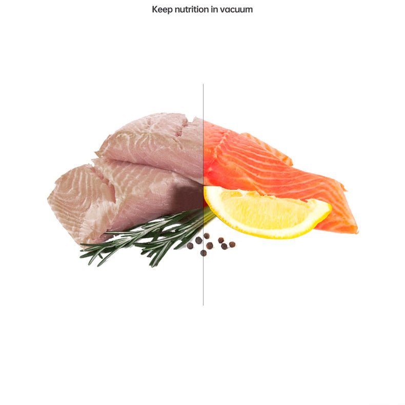 Home Vacuum Sealer Food Sealer sealing fresh salmon in vacuum bag on kitchen counter. Compact HP-9007 model with digital controls for food preservation.