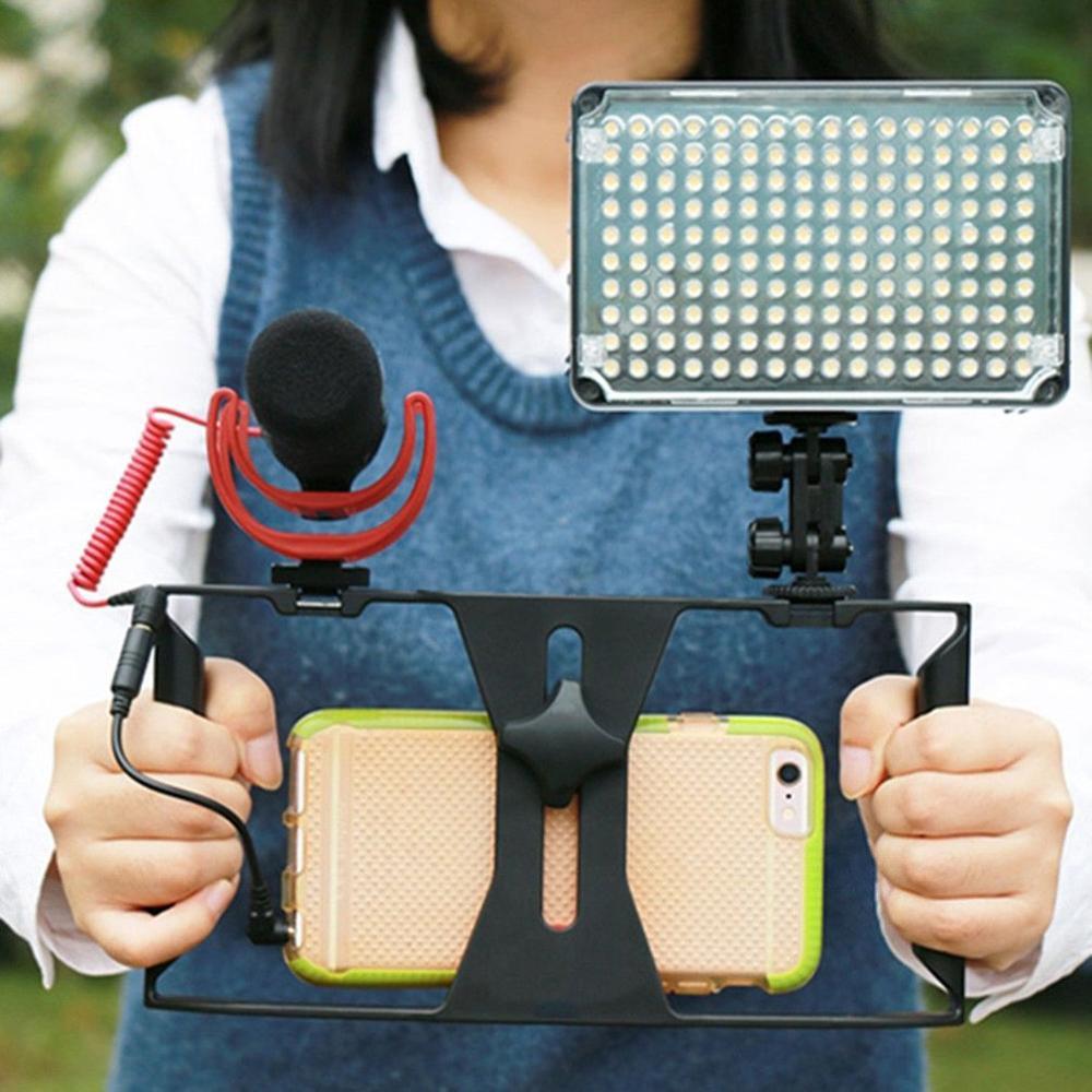 Cell phone rabbit cage stabilizer with microphone and LED light mounted on handheld ABS plastic frame