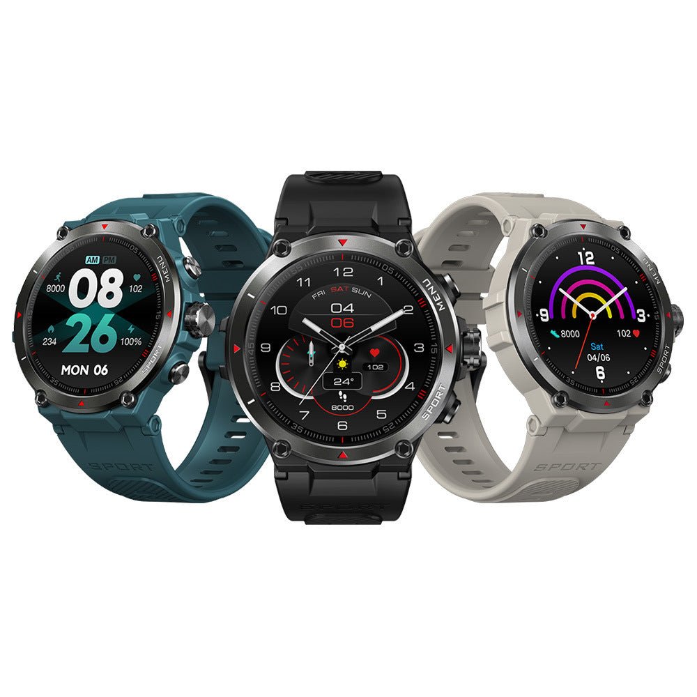 Zeblaze Stratos 2 1.3 Sports Tracking Smartwatch in teal, black, and gray color options displayed on podiums. Features include step counting and health monitoring.
