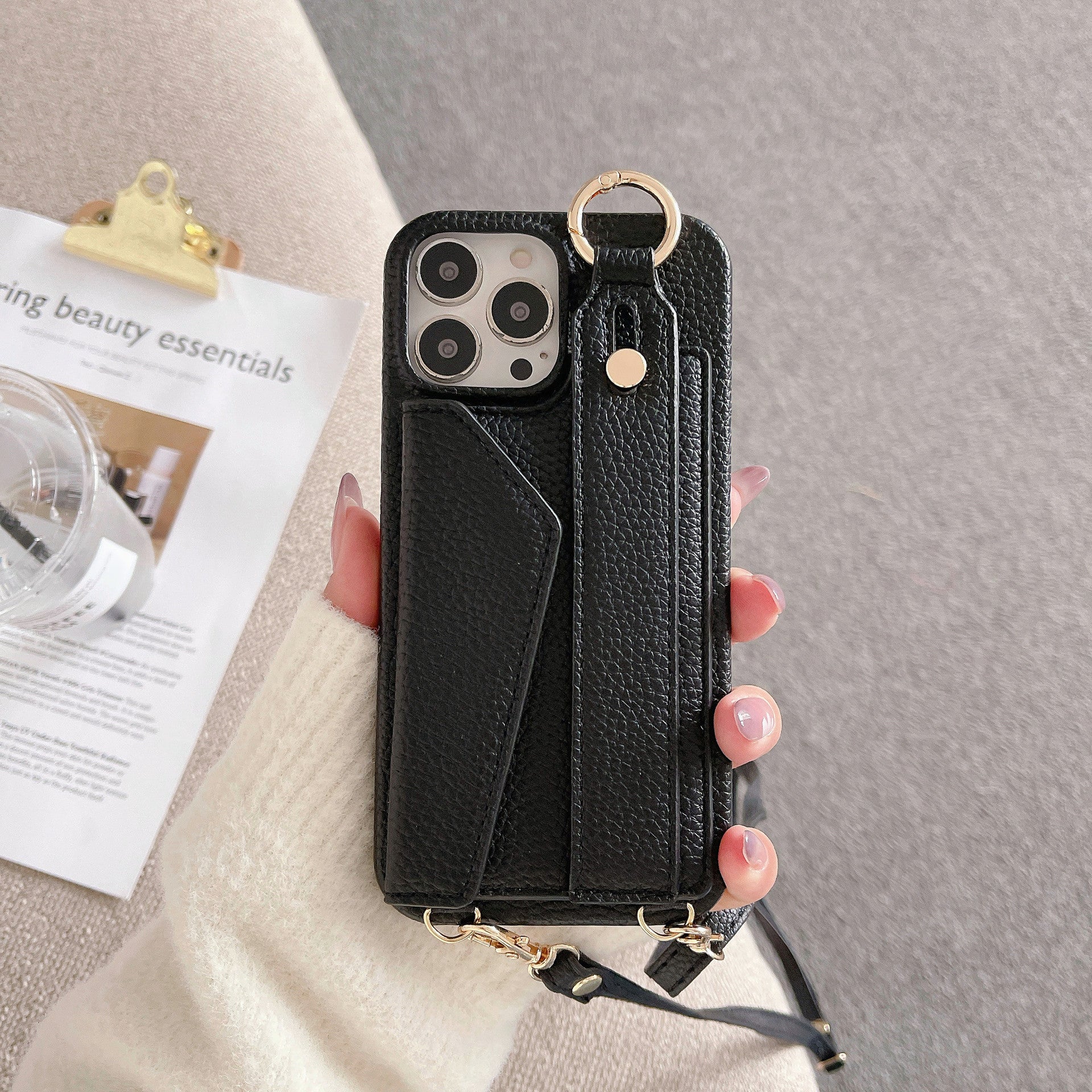 Fashion Simple Back Strap Phone Case Protector for iPhone in camel and light purple leather with crossbody strap and card slot design.