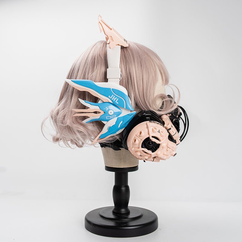 Cyberpunk Butterfly Tech Mecha wireless Bluetooth headset with blue tentacle design on mannequin head with wig