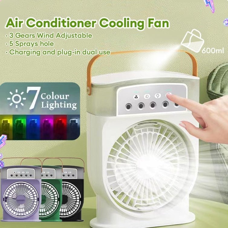 Portable USB air conditioner cooling fan with 5 sprays, 7-color LED lights, 600ml water tank, and adjustable fan speed.