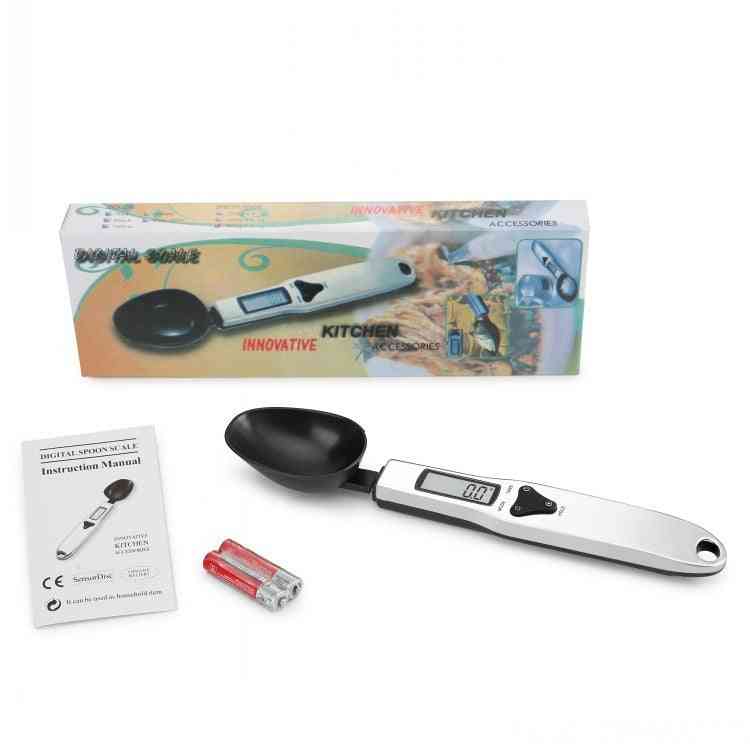Digital Measuring Spoon with LCD display showing weight of granules, precision up to 500g and 0–30ml volume capacity, powered by AAA batteries.