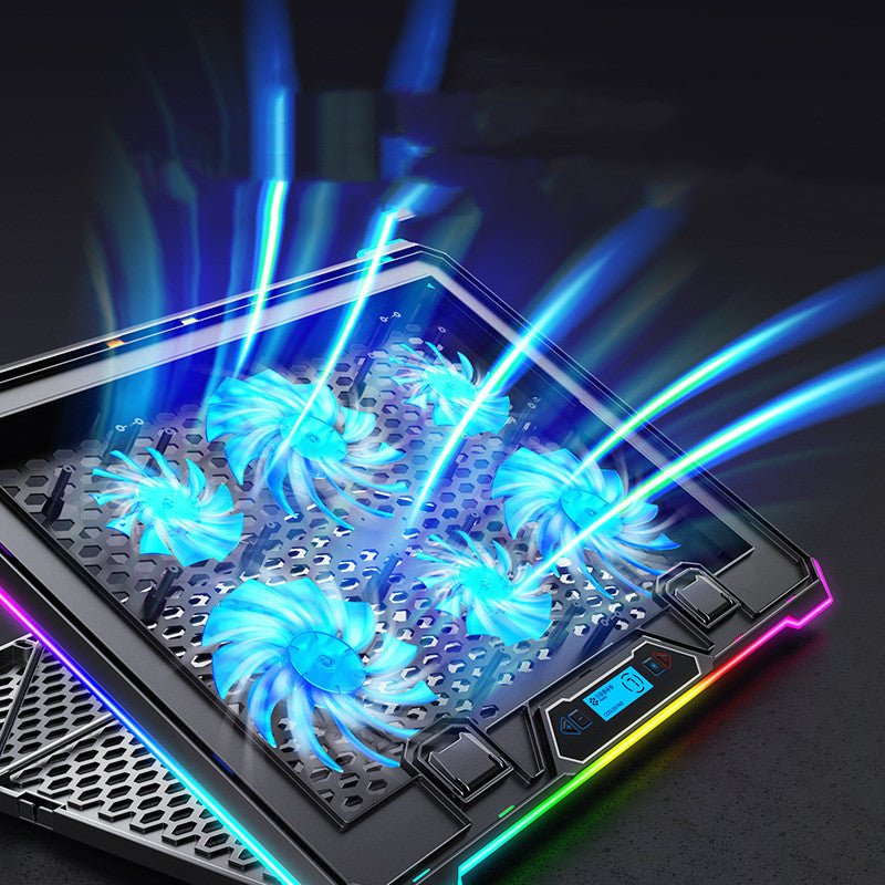 Laptop Cooling Pad Laptop Stand Fan with 6 blue LED fans, RGB lighting, and digital display, made of metal mesh and plastic in Obsidian Black.