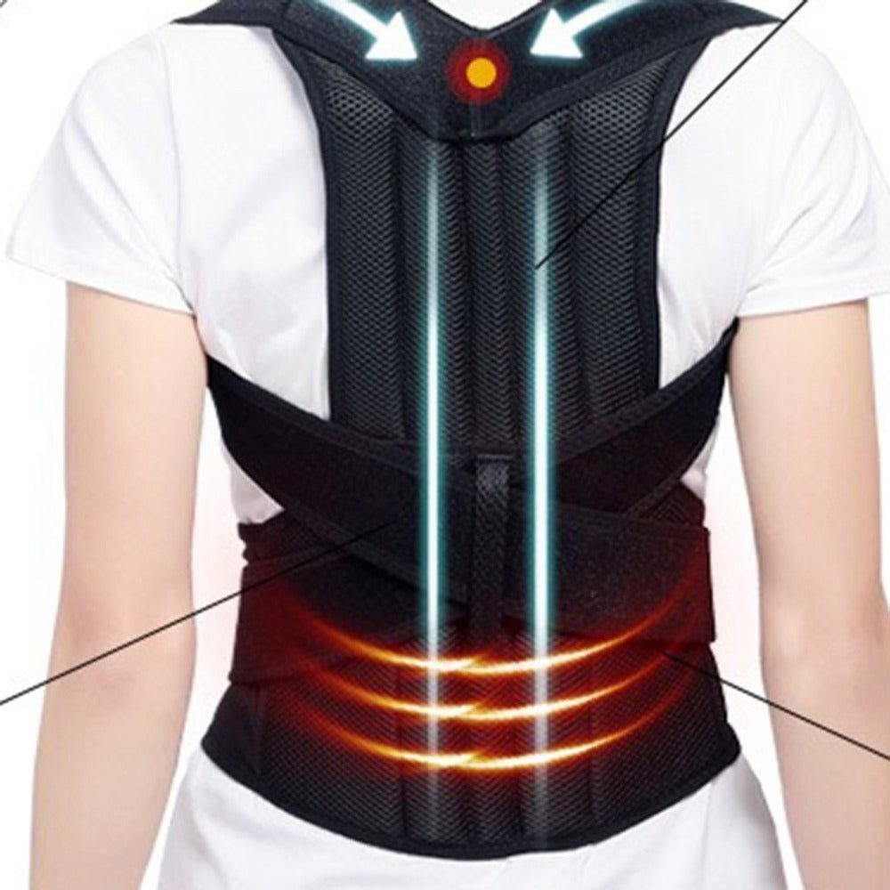 Person wearing a black Spine Bending Posture Corrector with highlighted back support and alignment indicators