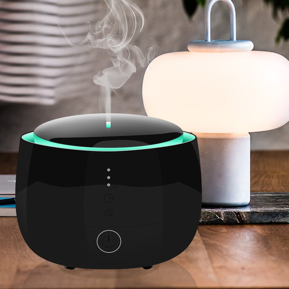 Smart home aromatherapy humidifier with air purifier, colorful LED lights, touch control, 300ml capacity, and automatic shut-off.