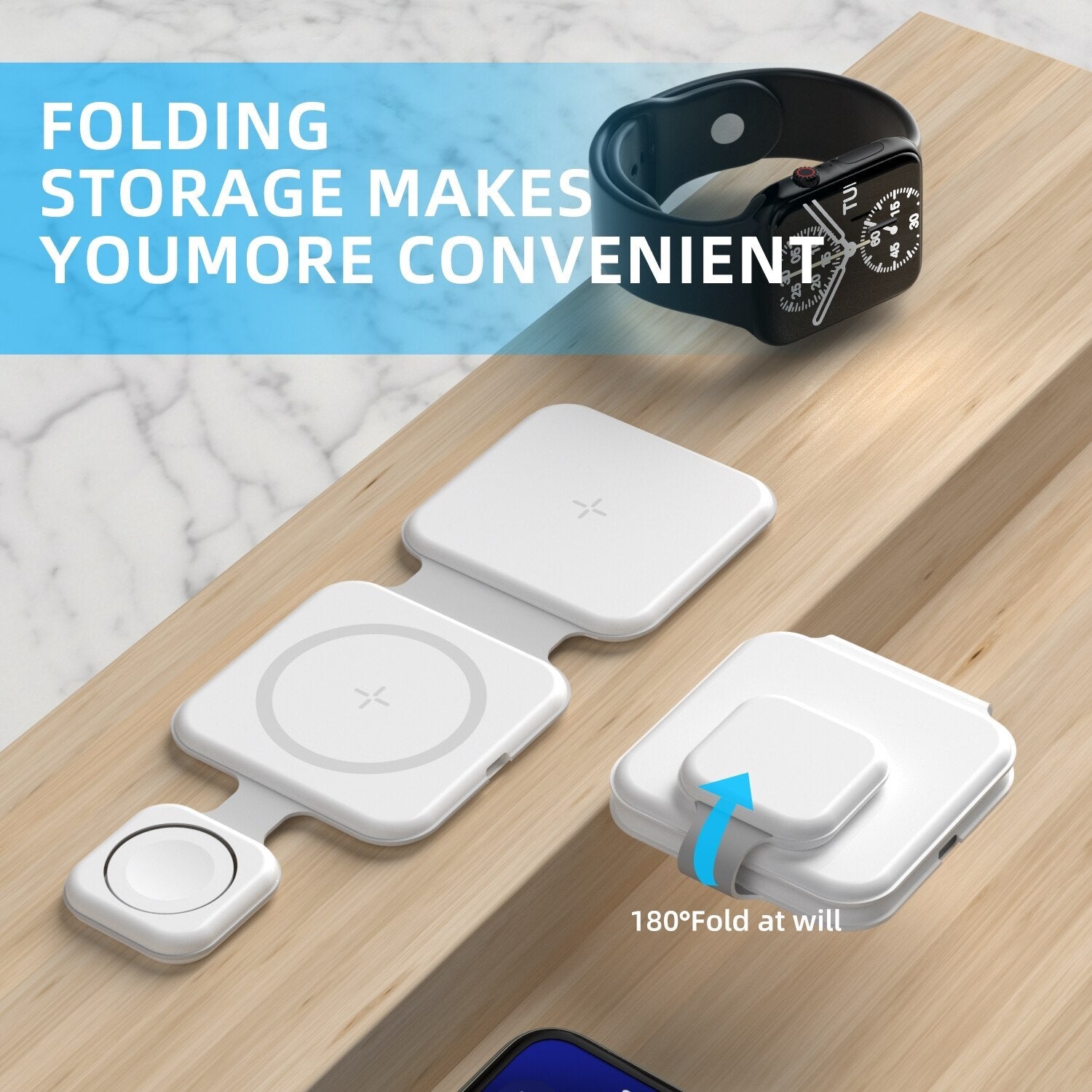 Magnetic Foldable Wireless Charger - 3 in 1 charging station for iPhone, AirPods, and Apple Watch with fast 15W charging and compact foldable design.