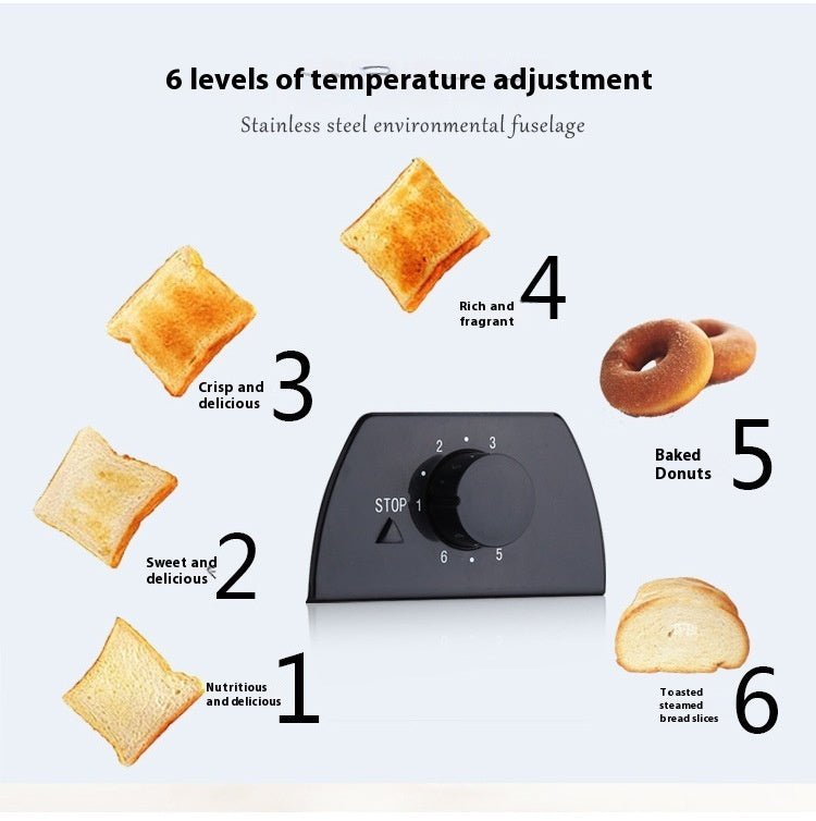 Toaster Home Breakfast Bread Maker in black with two slices of bread, featuring adjustable browning dial and semi-automatic function on kitchen counter.