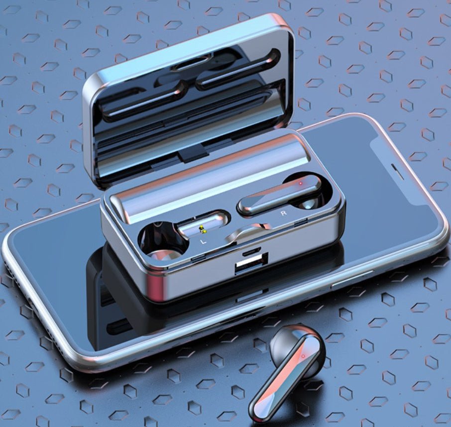 Bluetooth Black Tech wireless e-sports earbuds with charging case on smartphone