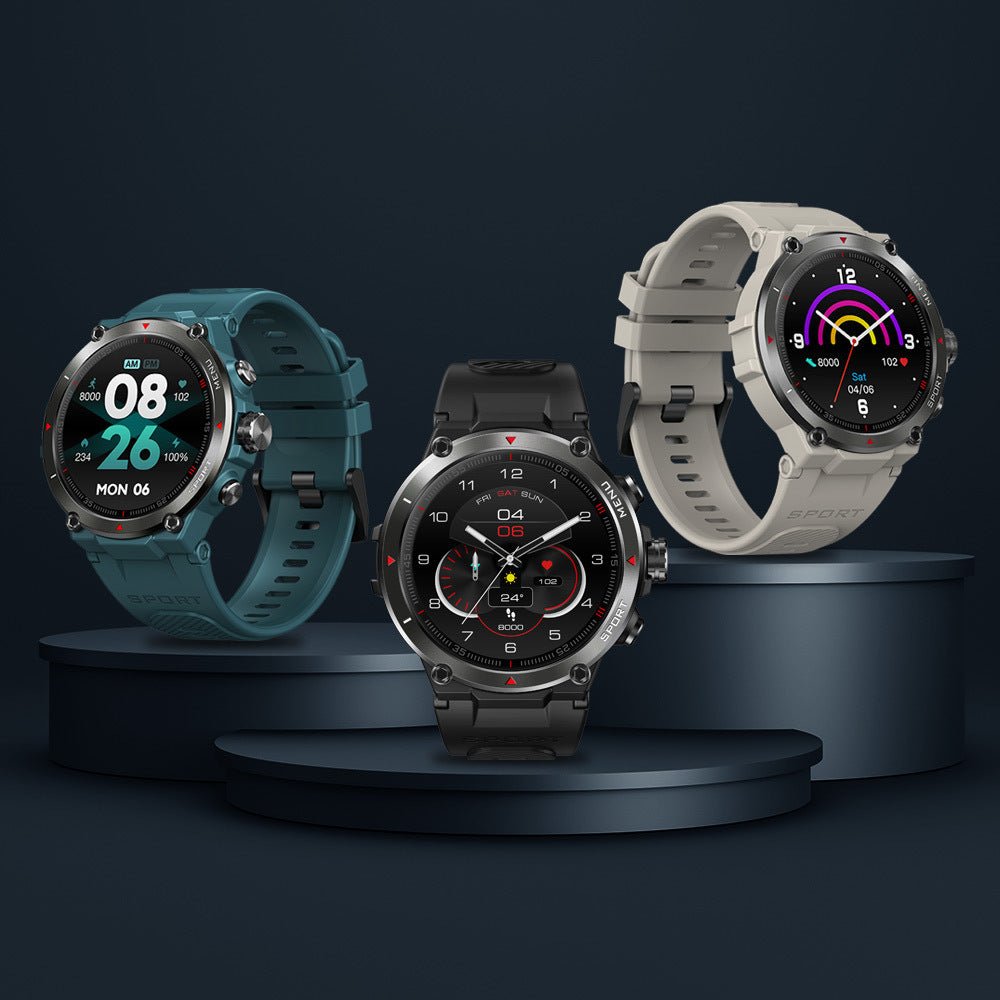 Zeblaze Stratos 2 sports tracking smartwatches in black, blue, and grey with 1.3-inch touchscreens and health monitoring features