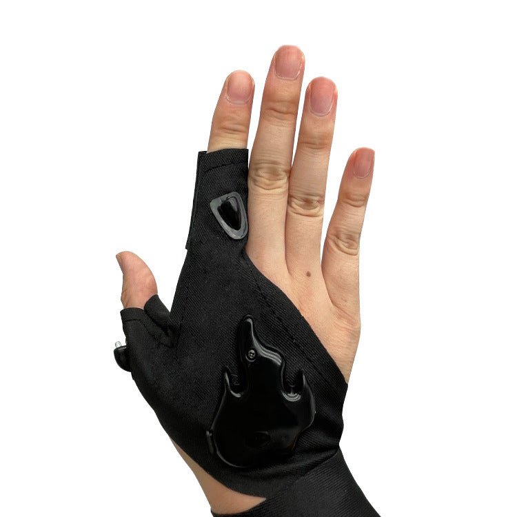 Led Light Charging Fishing Gloves High Elastic Non-slip with built-in LED lights on thumb and forefinger, ideal for night fishing and outdoor use. Made from breathable stretch fabric for comfort and waterproof performance.