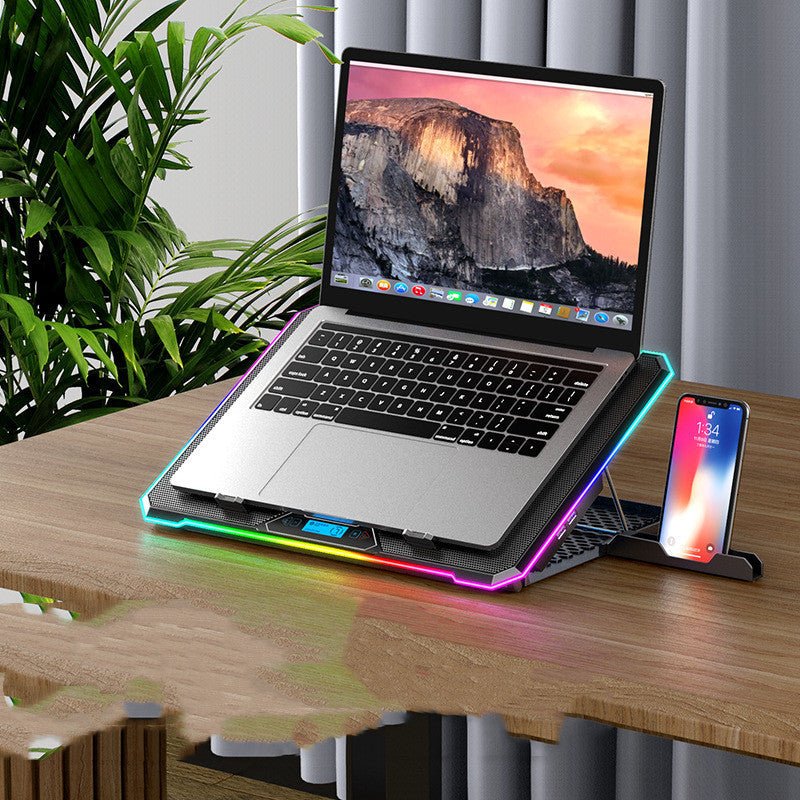 Laptop Cooling Pad Laptop Stand Fan with 6 blue LED fans, RGB lighting, and digital display, made of metal mesh and plastic in Obsidian Black.