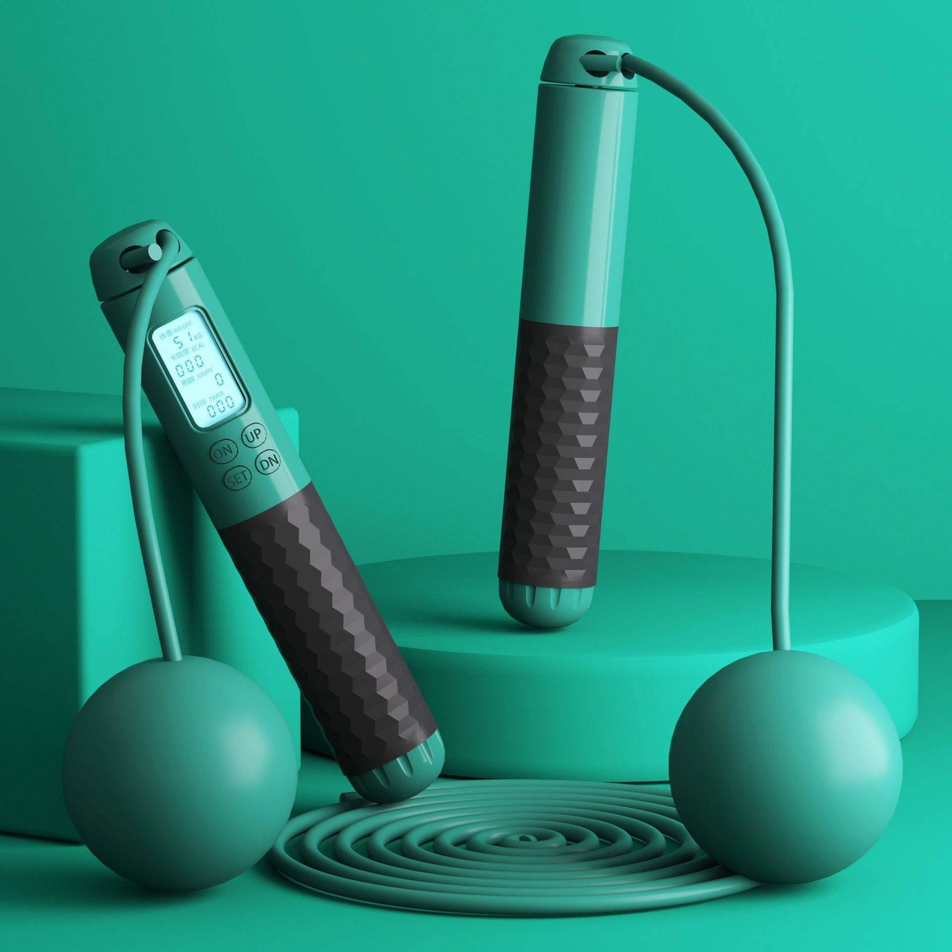 Fitness Exercise Weight Carrying Cordless Counting Jumping Rope with digital LCD display, weighted handles, and detachable cordless balls for indoor workouts.