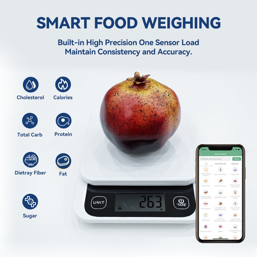Smart Kitchen Scales Nutrition Scale with digital LCD display and mobile app for calorie tracking, ideal for cooking and baking precision.