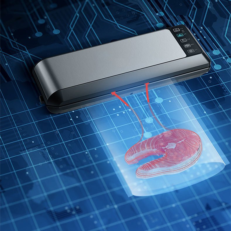 Home Vacuum Sealer Food Sealer sealing fresh salmon in vacuum bag on kitchen counter. Compact HP-9007 model with digital controls for food preservation.