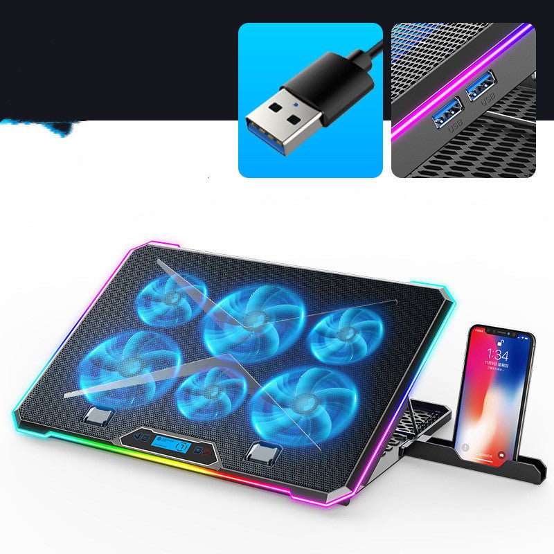 Laptop Cooling Pad Laptop Stand Fan with 6 blue LED fans, RGB lighting, and digital display, made of metal mesh and plastic in Obsidian Black.