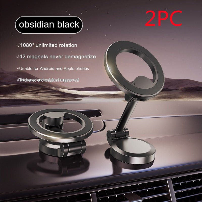 Magnetic car phone mount with all-metal foldable design shown attached to car air vent, holding a smartphone with GPS navigation screen.