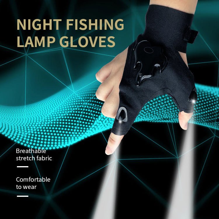 Led Light Charging Fishing Gloves High Elastic Non-slip with built-in LED lights on thumb and forefinger, ideal for night fishing and outdoor use. Made from breathable stretch fabric for comfort and waterproof performance.