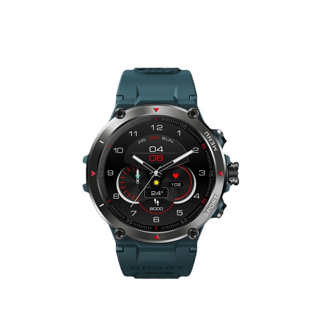 Zeblaze Stratos 2 1.3 Sports Tracking Smartwatch in teal, black, and gray color options displayed on podiums. Features include step counting and health monitoring.