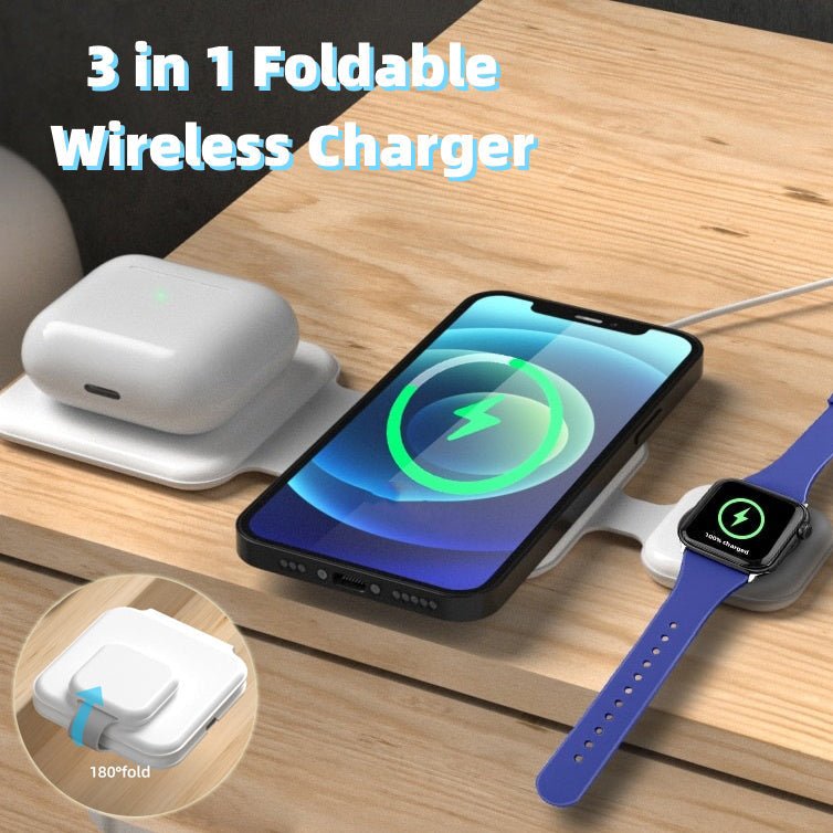 3 in 1 magnetic foldable wireless charger charging smartphone, smartwatch, and earbuds on wooden surface